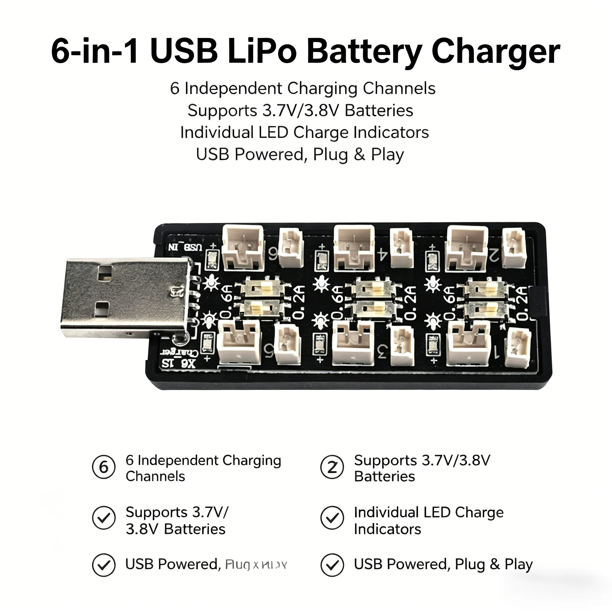 6-Channel 1S LiPo Battery Char - Drone Rc Board 评论和价格